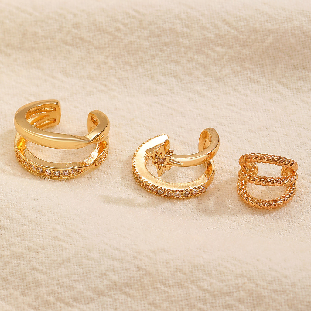 Womens C-shaped Geometric Three-Piece Diamond-Encrusted Ear Cuff Set