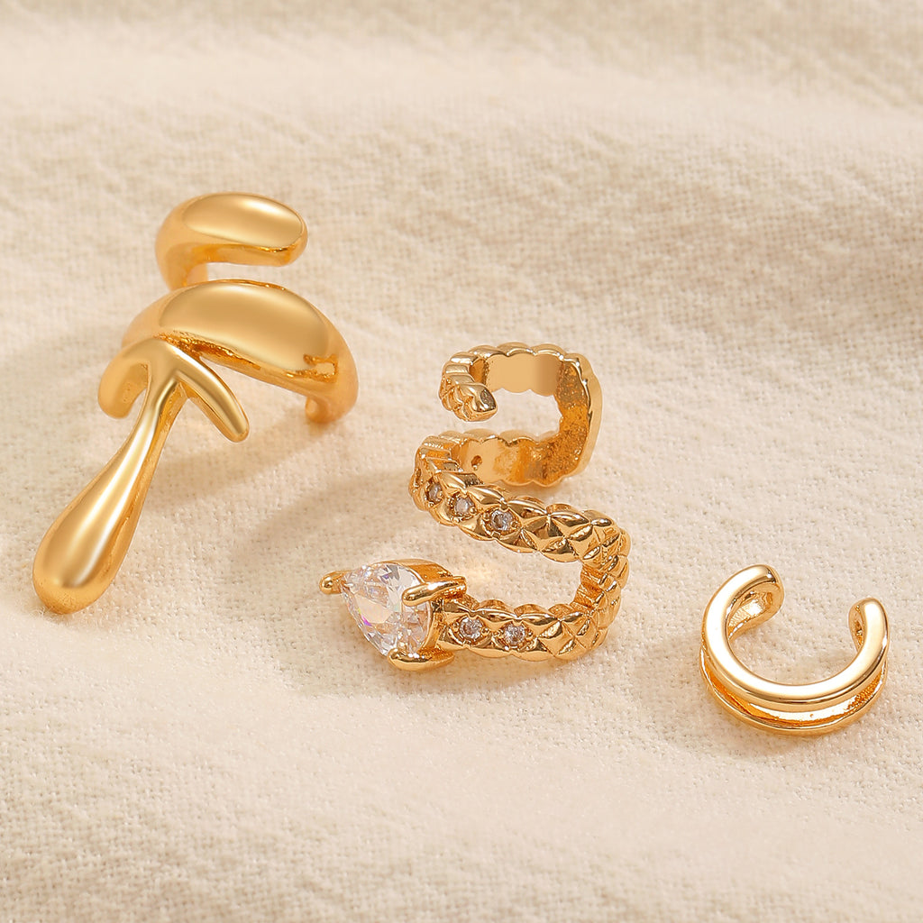 Womens C-shaped Geometric Three-Piece Diamond-Encrusted Ear Cuff Set