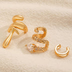 Womens C-shaped Geometric Three-Piece Diamond-Encrusted Ear Cuff Set