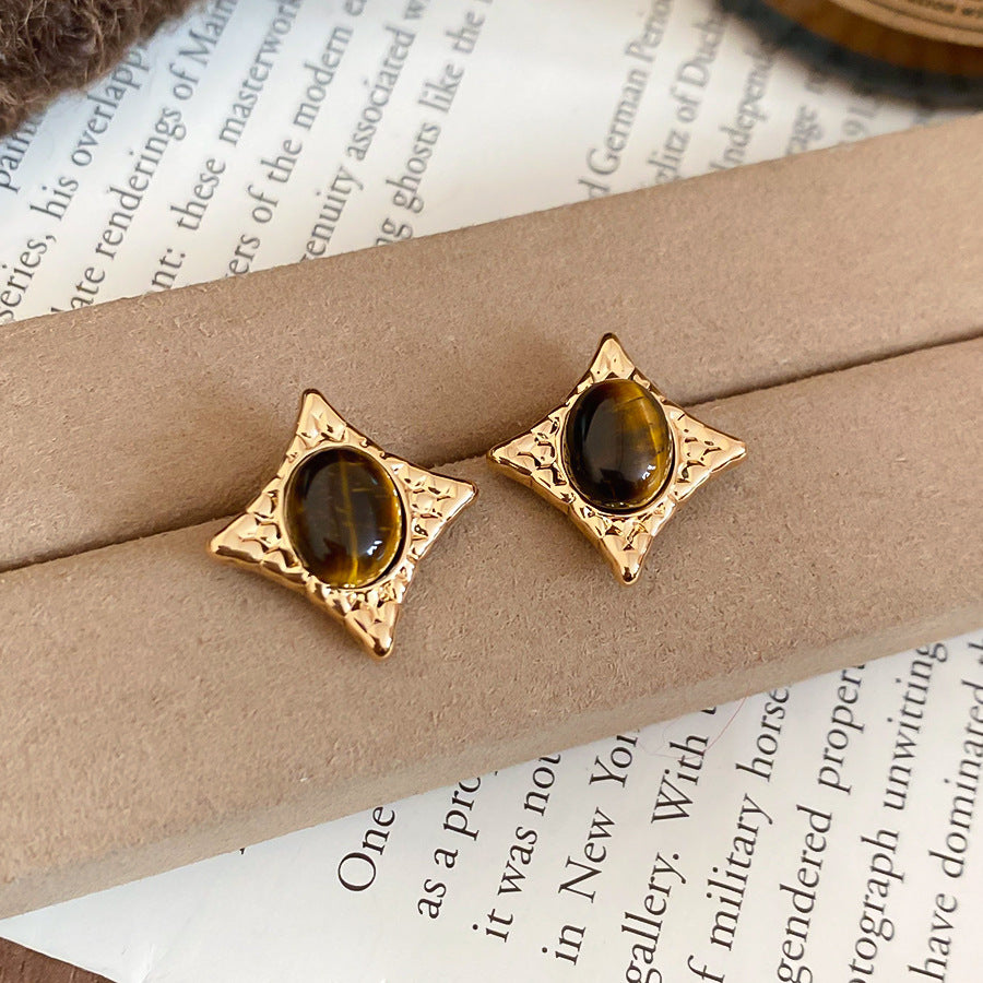 Tigers Eye Oval Star Stud Earrings Silver Post