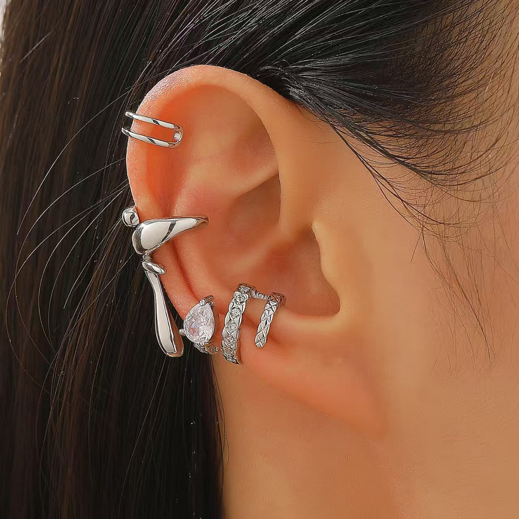 Womens C-shaped Geometric Three-Piece Diamond-Encrusted Ear Cuff Set