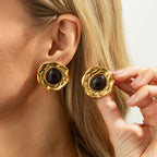 Geometric Alien Circle Inlaid Gemstone Earrings