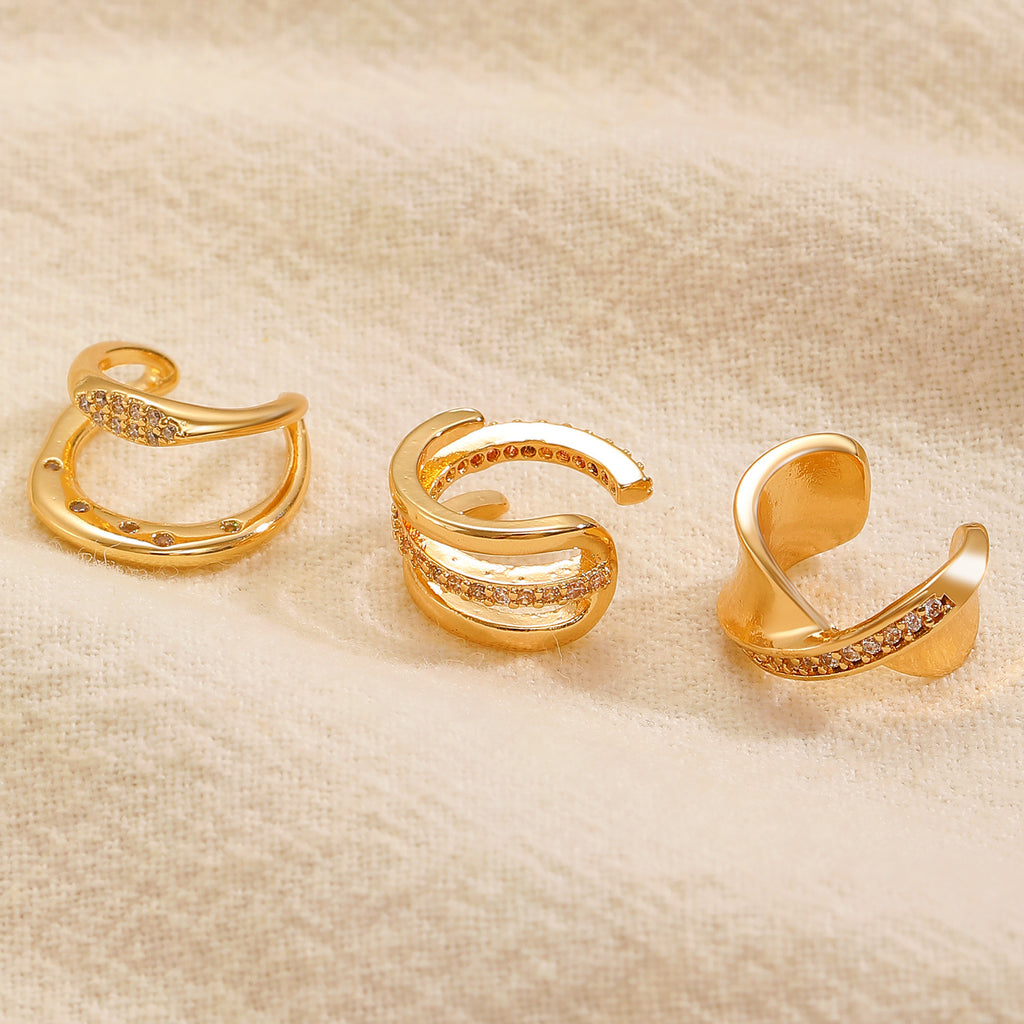 Womens C-shaped Geometric Three-Piece Diamond-Encrusted Ear Cuff Set