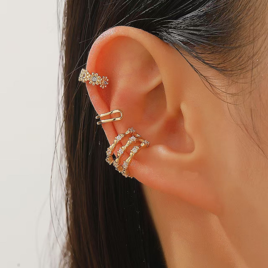 Womens C-shaped Geometric Three-Piece Diamond-Encrusted Ear Cuff Set