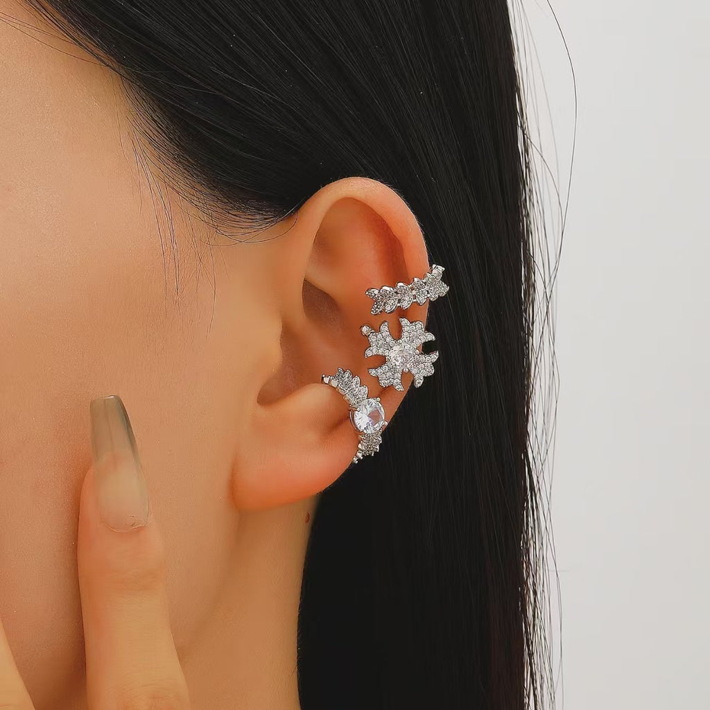 Womens C-shaped Geometric Three-Piece Diamond-Encrusted Ear Cuff Set