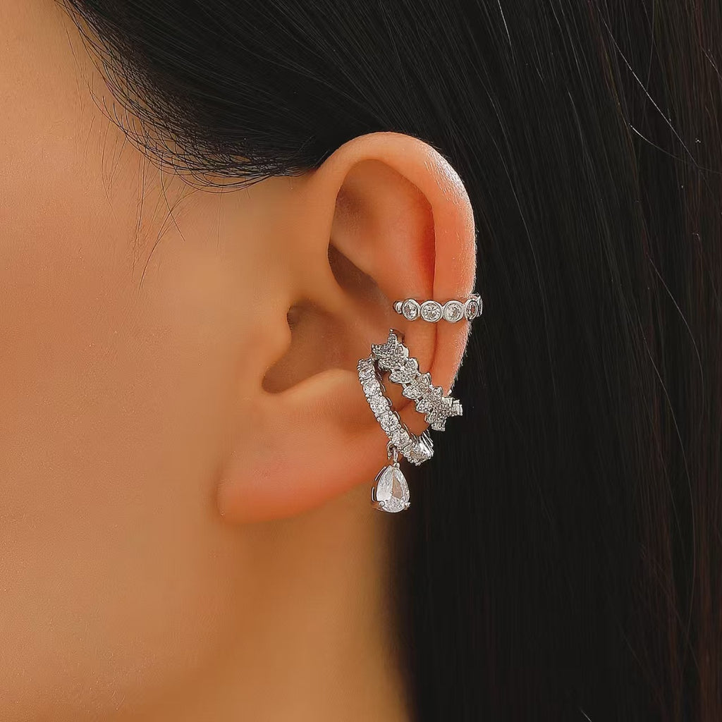 Womens C-shaped Geometric Three-Piece Diamond-Encrusted Ear Cuff Set