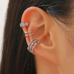 Womens C-shaped Geometric Three-Piece Diamond-Encrusted Ear Cuff Set