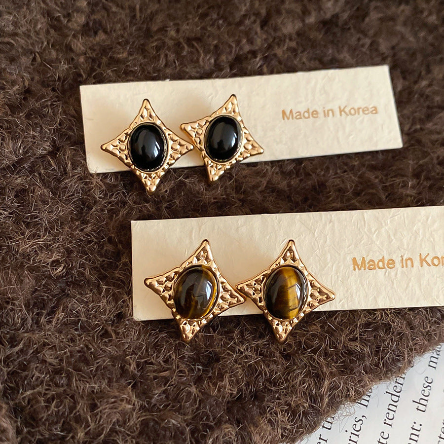 Tigers Eye Oval Star Stud Earrings Silver Post