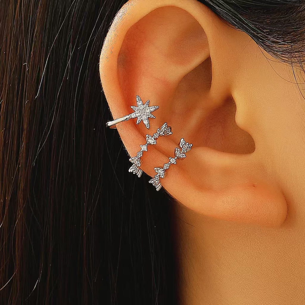 Womens C-shaped Geometric Three-Piece Diamond-Encrusted Ear Cuff Set