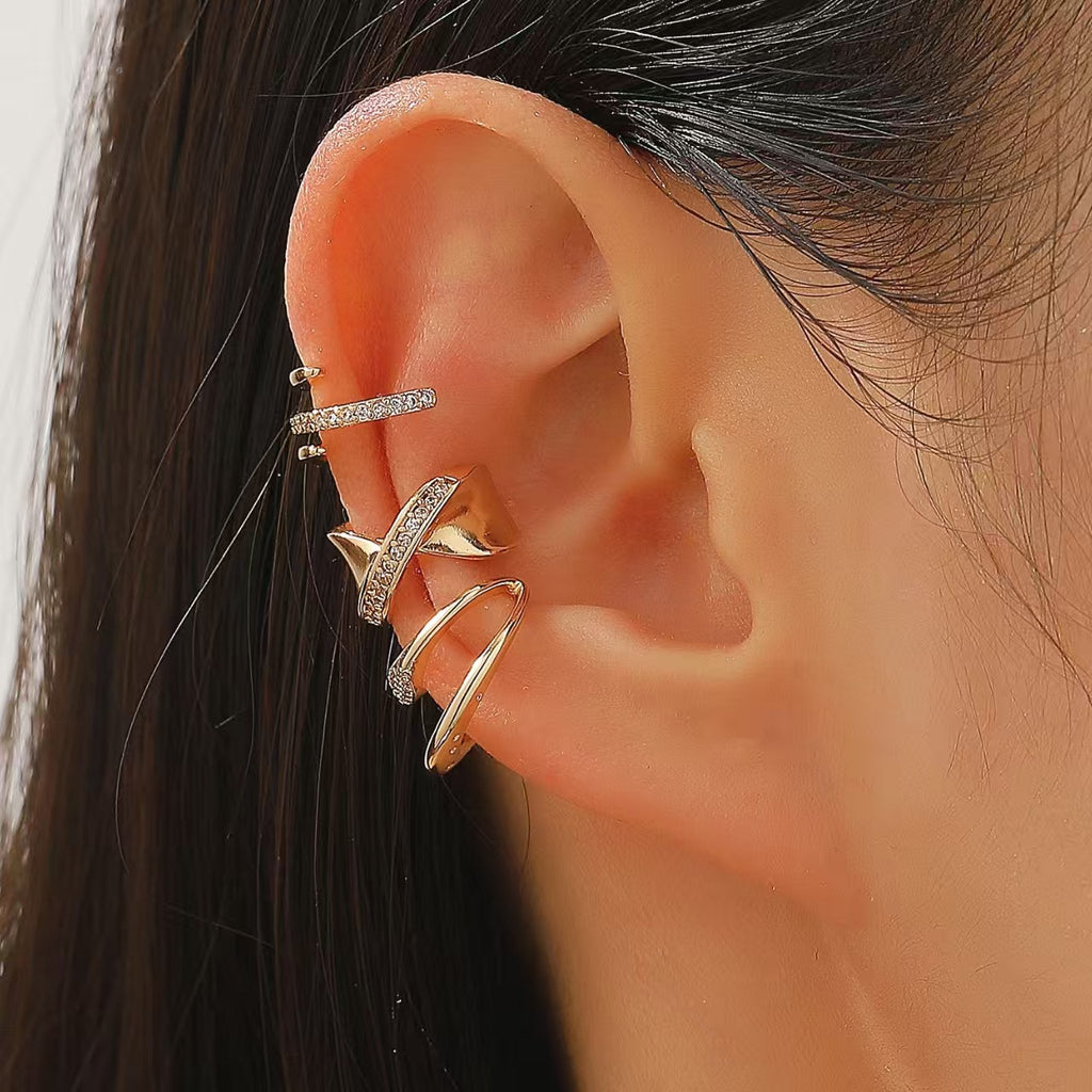 Womens C-shaped Geometric Three-Piece Diamond-Encrusted Ear Cuff Set