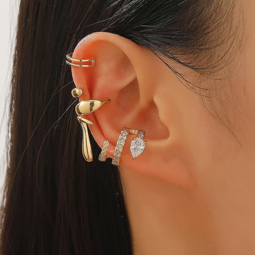 Womens C-shaped Geometric Three-Piece Diamond-Encrusted Ear Cuff Set