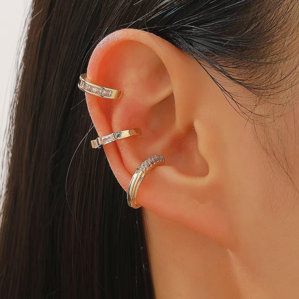 Womens C-shaped Geometric Three-Piece Diamond-Encrusted Ear Cuff Set