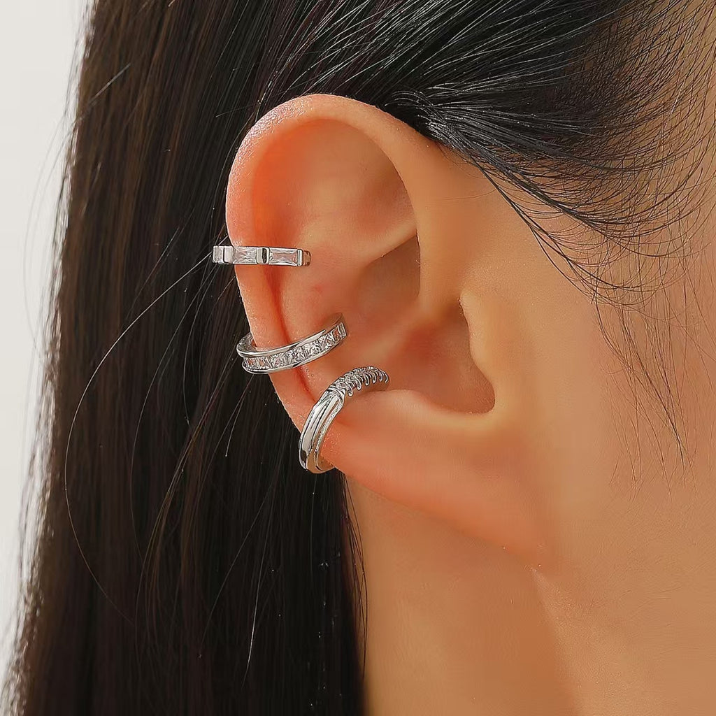 Womens C-shaped Geometric Three-Piece Diamond-Encrusted Ear Cuff Set