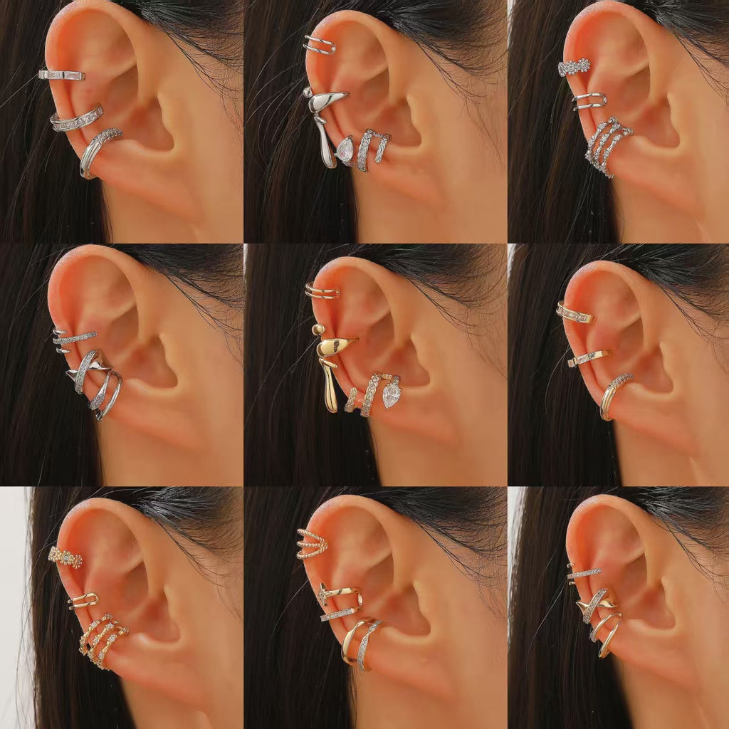 Womens C-shaped Geometric Three-Piece Diamond-Encrusted Ear Cuff Set