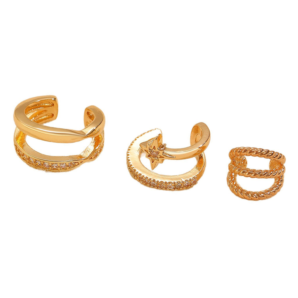 Womens C-shaped Geometric Three-Piece Diamond-Encrusted Ear Cuff Set