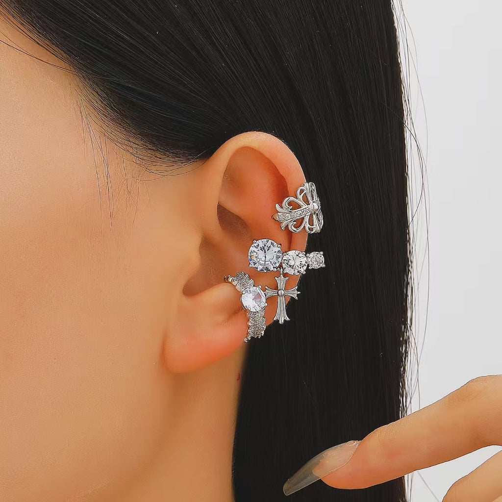 Womens C-shaped Geometric Three-Piece Diamond-Encrusted Ear Cuff Set