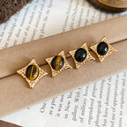 Tigers Eye Oval Star Stud Earrings Silver Post