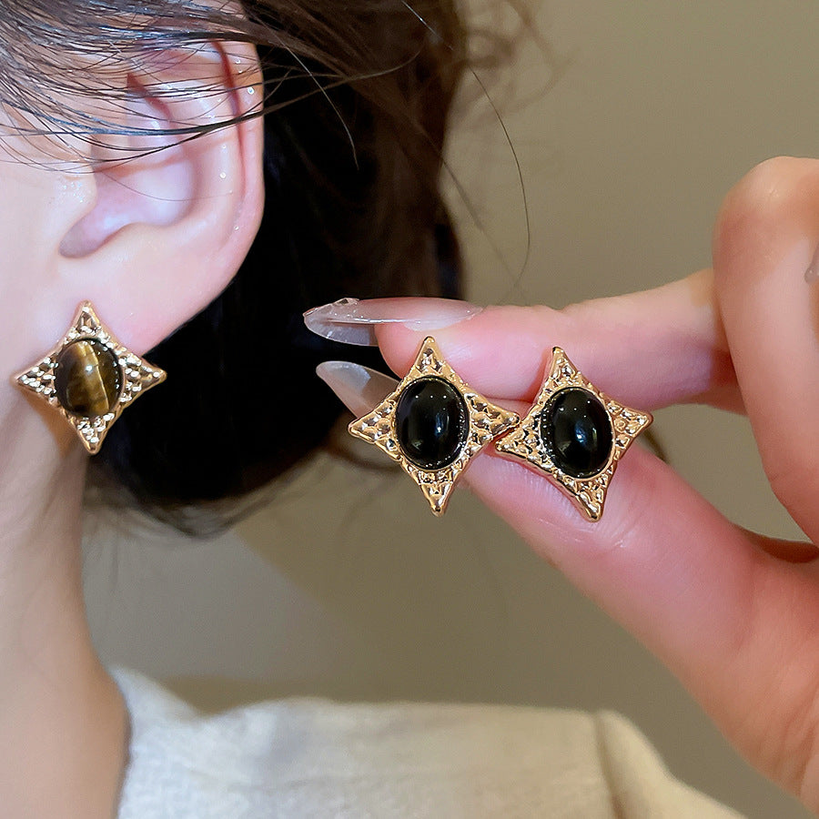Tigers Eye Oval Star Stud Earrings Silver Post
