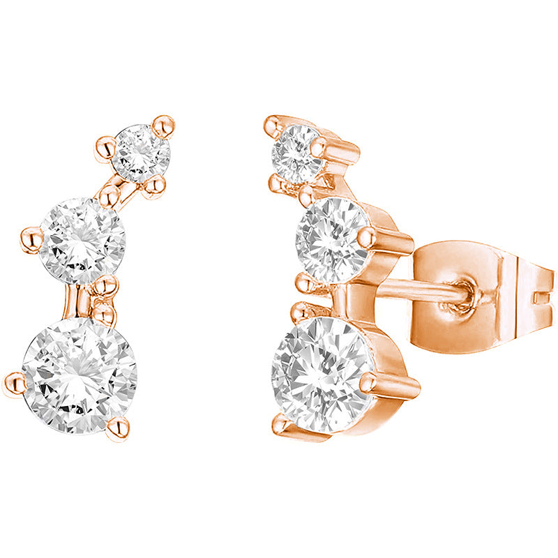 Three-diamond Zircon Stud Earrings With A Curved Design